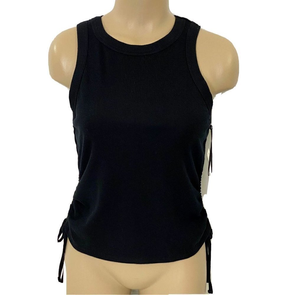 1. STATE Tank Top Womens size Small Ribbed Knit Ruched Sides Black